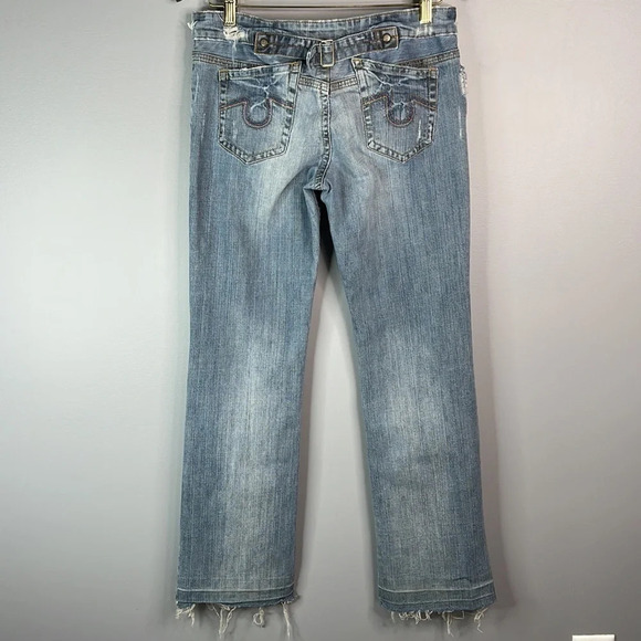 VINTAGE Hollywood Blue Light Wash Distressed Jeans Frayed Raw Hem Size 30 - Picture 6 of 10